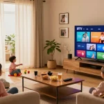 Family enjoying IPTV streaming in cozy living room with 4K smart TV.