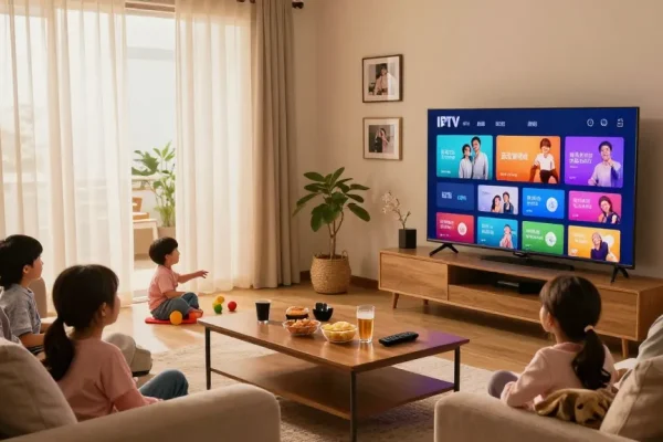 Family enjoying IPTV streaming in cozy living room with 4K smart TV.