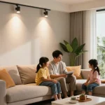 Interioare moderne iluminate cu spoturi led, creând o atmosferă primitoare pentru familie.