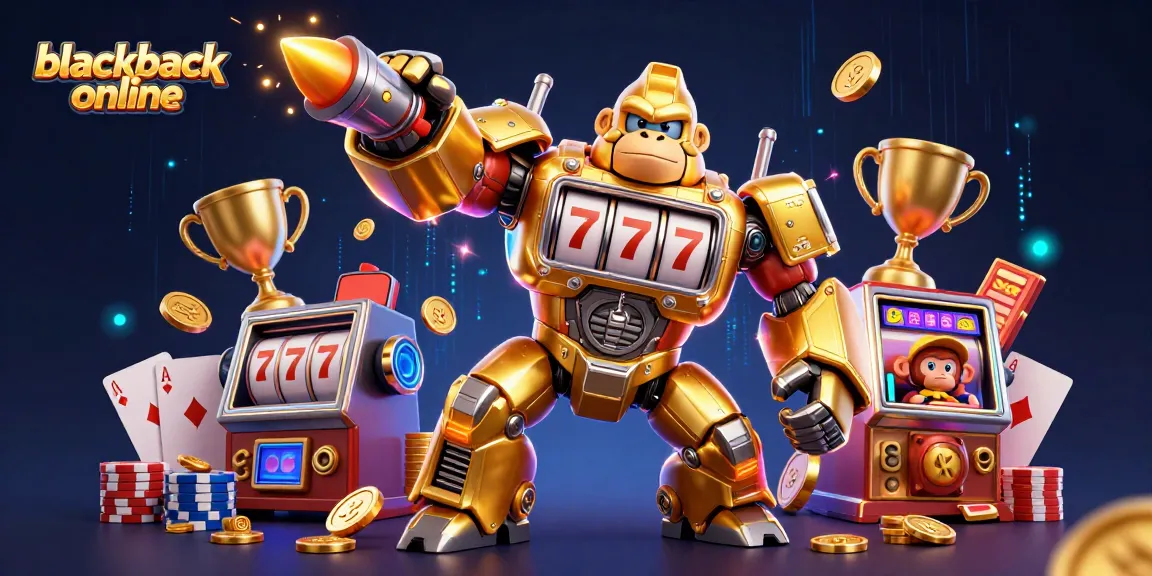 Engage in blackjack online with an ultra-detailed 3D casino illustration featuring a golden mech and dynamic game elements.