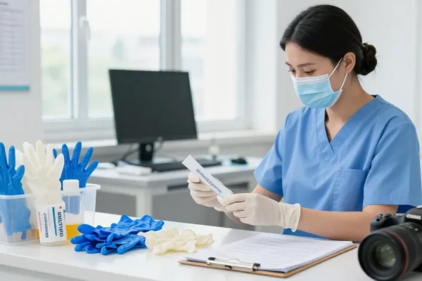 Medical gloves displayed on a healthcare professional's desk in a bright hospital setting.